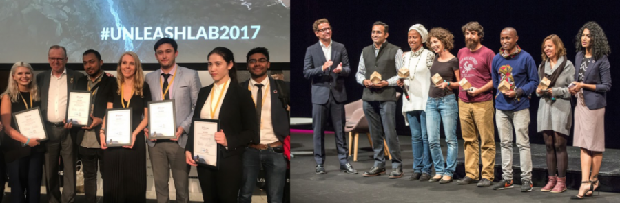 Agricultural and development economist Aziz Karimov (left photo, fifth from left) and soil scientist and systems agronomist David Guerena (right photo, fifth from left) represented CIMMYT at UNLEASH Innovation Lab 2017. (Photos: UNLEASH)