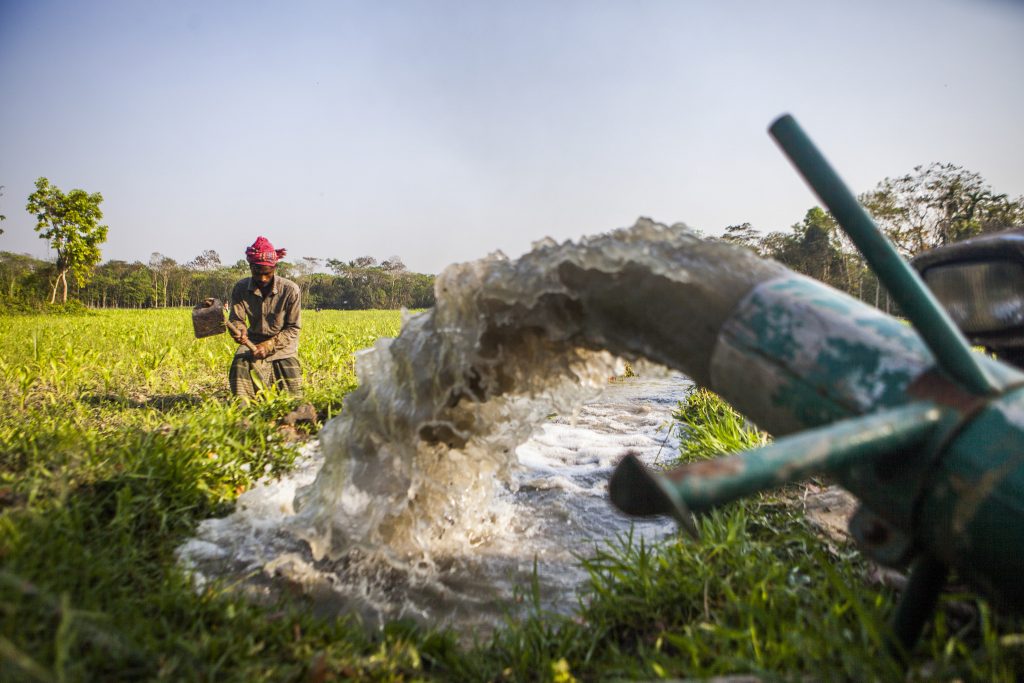 A farmer in Bangladesh irrigates his land using an axial-flow pump. (Photo: Ranak Martin)
