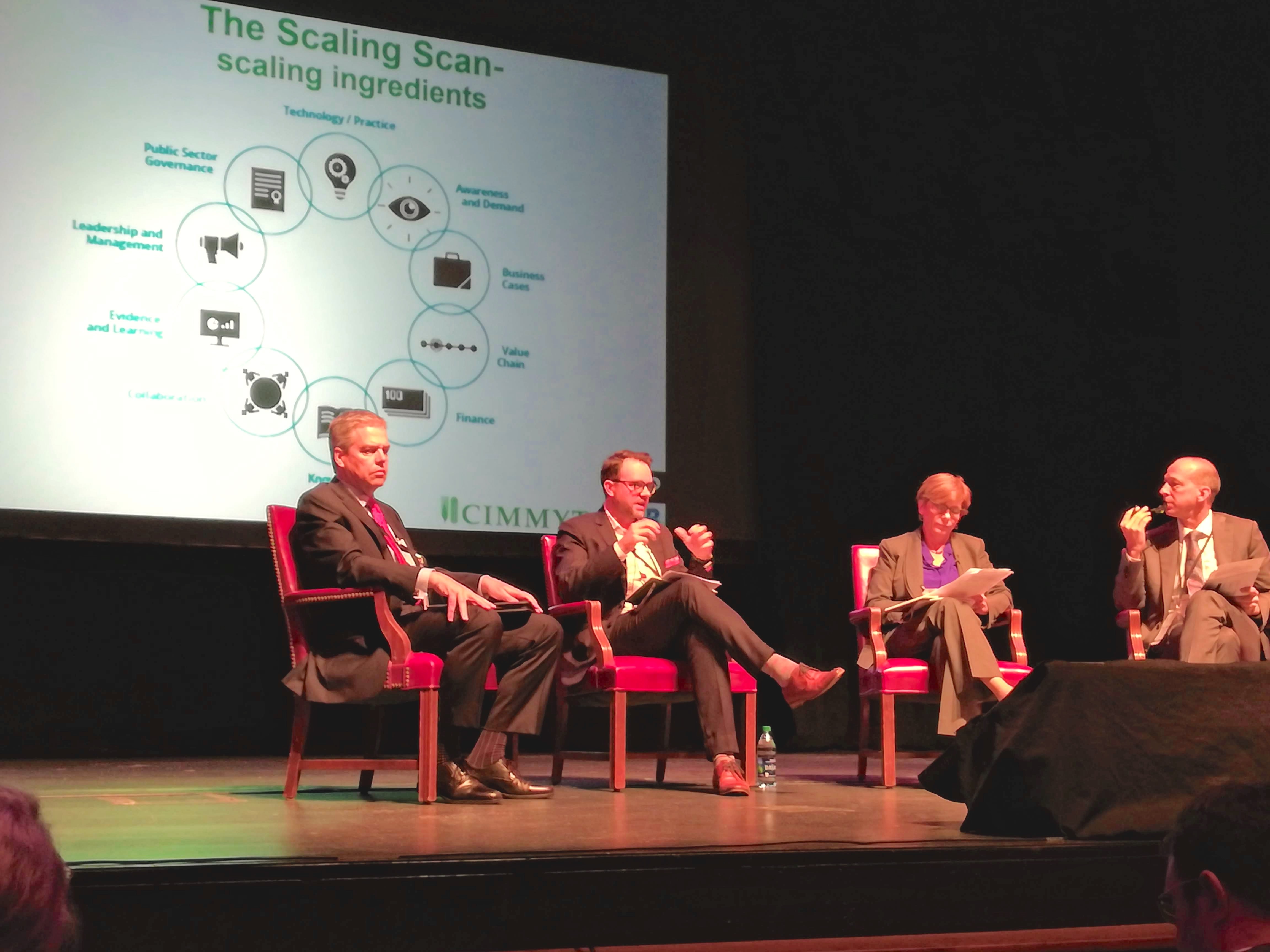 Lennart Woltering (second from left) presents the "ingredients" of the Scaling Scan tools during one of the sessions of the Purdue Scale Up Conference. (Photo: Rachel Cramer/CIMMYT)