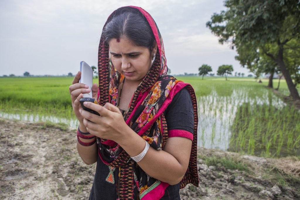 23-year-old Ruby Mehla receives regular updates on weather and climate-smart practices through voice messages on her registered mobile phone in the climate-smart village of Anjanthali, Haryana state, India. (Photo: Prashanth Vishwanathan/CCAFS)